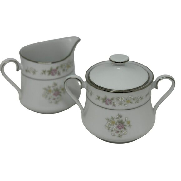 VTG Floral Porcelain Creamer & Sugar Bowl Pink Yellow Flowers Silver Trim Retro - Picture 1 of 10